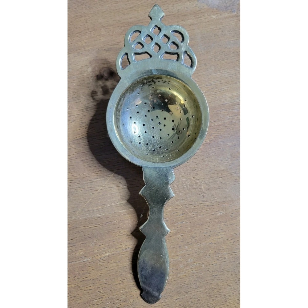 Rare Brass Patterned Ornate Loose Tea Strainer With Long Handle
